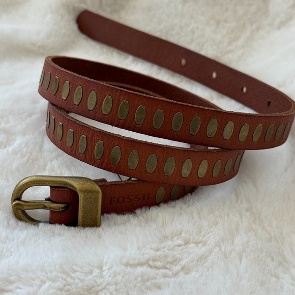 Fossil Accessories - Fossil Women's Brown Leather Brass Tone Studded Belt. Size Small